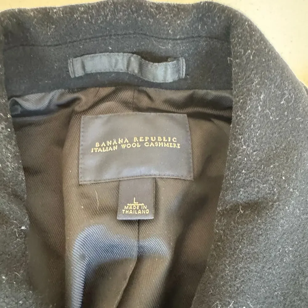 Vintage Banana Republic Men's Wool Cashmere Black Full Zip Collared Coat Large